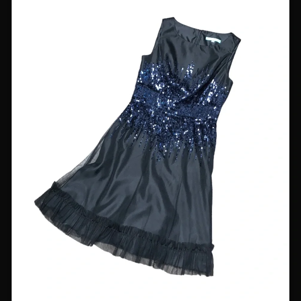 Kathy Hilton Black Satin Dress Sequins Formal Evening Party Festive. Sz 6.  EUC!